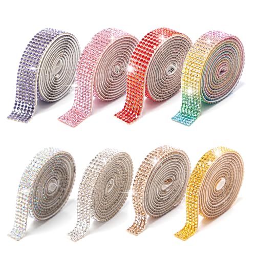 Sxutop 8 Rollen Strassband Selbstklebend Bunt Kristall Strass Diamant Band 8 Farben Strasssteine Band Selbstklebend Strass Klebeband für DIY Dekoration Aufkleber Auto Telefon(4/6 Reihen,1 Yard/Rollen) von Sxutop