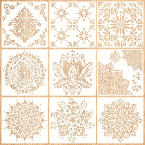 Sxutop 9 Stück Groß Mandala Schablonen Set Wiederverwendbare Mandala Malschablonen Kunststoff Schablone Blumen Groß Wandschablonen zum Streichen für DIY Handwerk Wände Möbel Dekor (30x30cm) von Sxutop