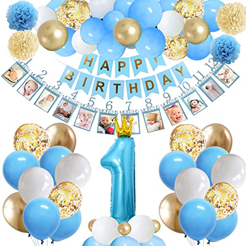 Deko 1. Geburtstag Junge,1. Geburtstag Junge Blau Gold,1. Geburtstag Deko Jungen, Geburtstagsdeko 1 Jahr Junge, Luftballon 1. Geburtstag von Sxzgea