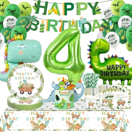 Dino Geburtstag Deko 4 Jahre,Dinosaurier Partygeschirr Geburtstagsdeko, Geburtstagsdeko 4 Jahre Junge, Dino Ballons Servietten etc Geburtstagsdeko Supplies für Party Kindergeburtstag Deko 16 Gäste von Sxzgea