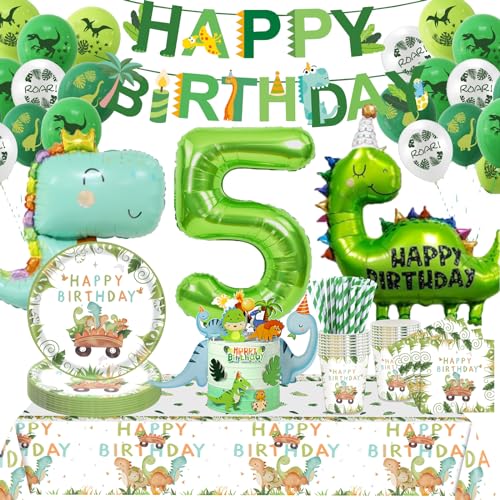 Dino Geburtstag Deko 5 Jahre,Dinosaurier Partygeschirr Geburtstagsdeko, Geburtstagsdeko 5 Jahre Junge, Dino Ballons Servietten etc Geburtstagsdeko Supplies für Party Kindergeburtstag Deko 16 Gäste von Sxzgea