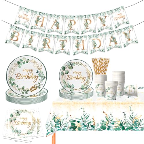 Partygeschirr Set,Geburtstag Party Geschirr,Pappteller Kindergeburtstag,16 Gästen Goldfolie Grün Birthday Pappteller mit Happy Birthday Banner für Geburtstag Party Deko Junge Mädchen von Sxzgea