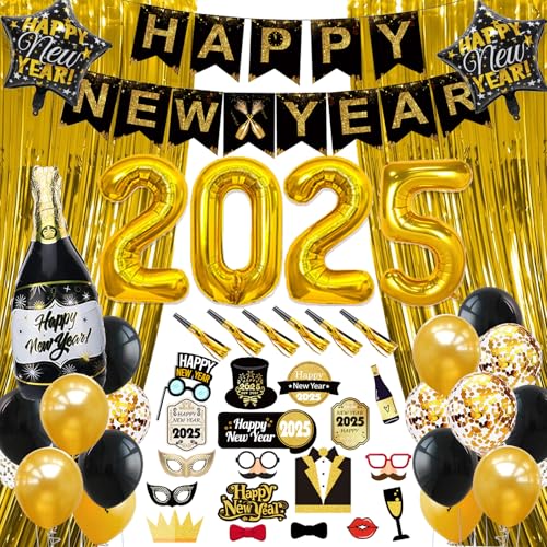 Silvester Deko 2025, Neujahr Deko 2025 Schwarz Gold- Neujahrsdeko, Happy New Year Banner, XXL 2025 Folienballons,Silvester Fotorequisiten, Ballons Silvesterpartydeko Accessoire von Sxzgea