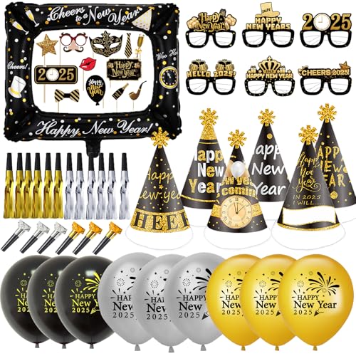 Silvester Deko 2025 Party Set,Neujahr Party Dekoration,58Pcs Happy New Year Haarreif Neujahr Partyhüte Silvesterparty Fotorequisiten Silvester Deko Set ür Kinder Erwachsene Silvester Partyzubehör von Sxzgea