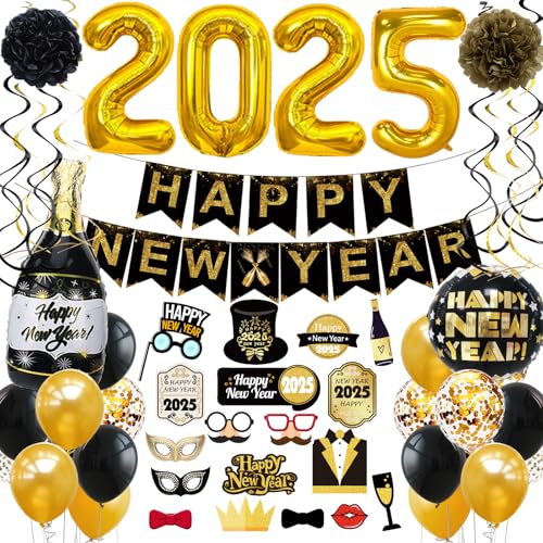 Silvester Deko Set 2025, Neujahr Party Silvesterdeko- Neujahrsdeko, Happy New Year Girlande, XXL 2025 Folienballons,Silvester Fotorequisiten, Ballons Silvesterpartydeko Accessoire für Silvesterparty von Sxzgea