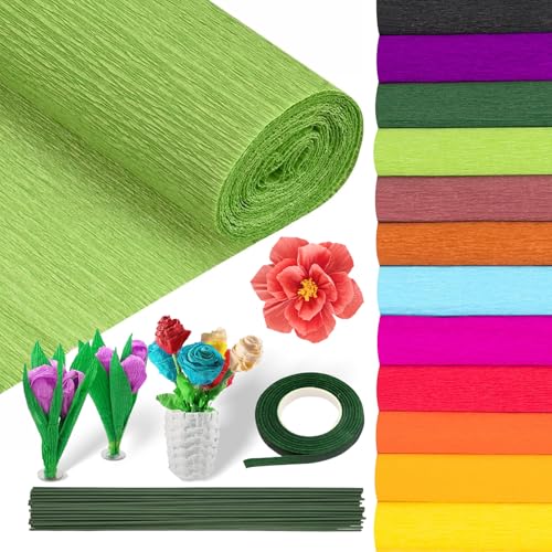 12 Farben Krepppapier Krepppapier Bunt 25x250cm 12 Rollen Kreppapier Crepe Papier Krepppapier Rollen mit Grünes Kabel Blumenband für Die Herstellung von Valentinstag-Blumen DIY Blumenpapier-Handwerk von Syhdfxknp