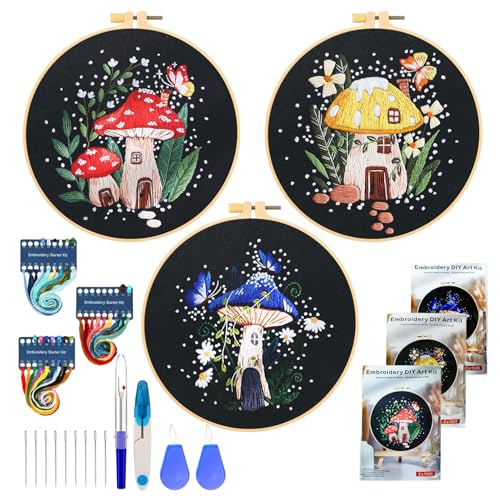 3 Stücke Sticken Set Erwachsene Pilz Embroidery Kit Stickset für Anfänger DIY Kreuzstich Set Stickerei Set mit Anleitung Pilz Gestempelten Stickerei Set Anfänger für DIY Kunst Handwerk Nähen von Syhdfxknp