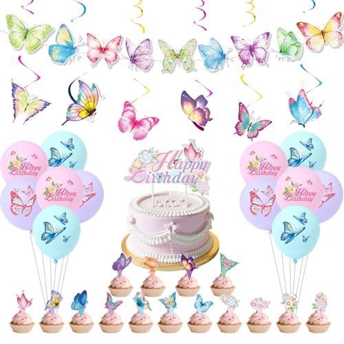 41 Stück Schmetterling Deko Geburtstag Geburtstagsdeko Schmetterling Schmetterlinge Deko Banner Schmetterling Luftballon Tortendeko Geburtstag Schmetterling Hängende Wirbel für Geburtstag Dekoration von Syhdfxknp