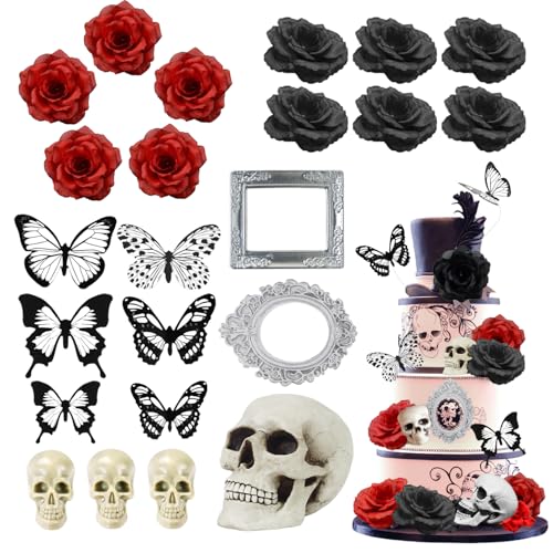 23 Stück Kuchendeko Halloween Halloween Kuchen Topper Totenkopf Deko Gotisch Deko Schwarz Gotisch Deko Rose Tortendeko Schwarze Geburtstagstorte Dekoration für Halloween Dekorationen Party von Syhdfxknp