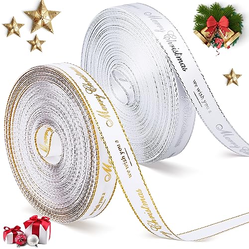 2 Rollen Weihnachtsband Weihnachten Satinband Ripsband Weihnachten Geschenkänder Dekoband für Verpackung Party Deko, 0,39 Zoll Breit und 10 Yard pro Rolle (Silber, Gold, Einfacher Stil) von Syhood