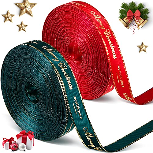 2 Rollen Weihnachtsband zum Geschenkverpackung, Jeweils 10 mm x 9 Meter, Weihnachtsband zum Basteln Satinband Ripsband für Feiertage Weihnachten Gastgeschenke DIY (Grün, Rot, Klassischer Stil) von Syhood