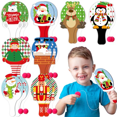 Syhood 16 Stück 22,9 cm Weihnachts-Paddelbälle aus Holz mit Schnur, verschiedene helle Farben und Designs, Weihnachtsspielzeugspiel und Strumpffüller von Syhood