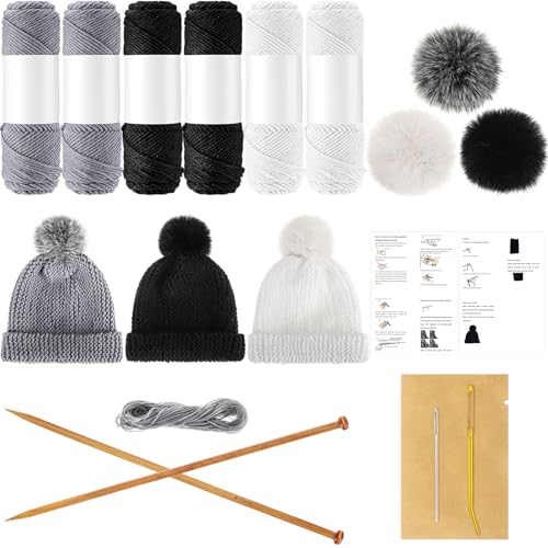 Syhood Stricksets für Anfänger und Erwachsene, Mützen-Strickset mit Garn, Bambus-Stricknadeln, Kunstbommel, praktisch und einfach zu bedienen, komplettes Anfänger-Strickset für Damen und Herren, von Syhood