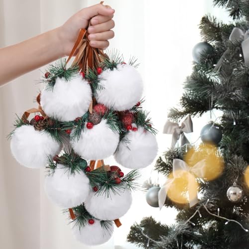 Syhood Weihnachtsschmuck zum Basteln für Erwachsene, 8 cm, Weihnachtsbaumschmuck, Schneeball, Netzstoff, rustikale Kunstfell-Kugeln mit Beeren, Tannenzapfen, Zubehör für Weihnachtsdekoration, Weiß, 12 von Syhood