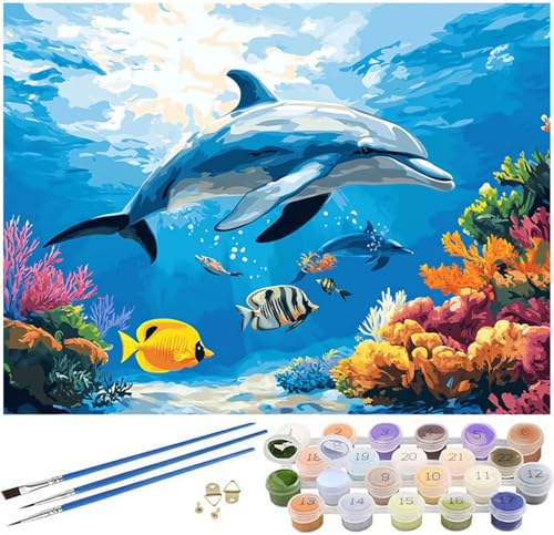 Malen Nach Zahlen Erwachsene Delphin Paint by Numbers Tier Malen Nach Zahlen Kinder, 45x60cm Knitterfreie Leinwand Ölgemälde Set mit 3 Pinsel und Acrylfarbe, Wanddeko, Geschenke für Frauen -397 von Syiboo