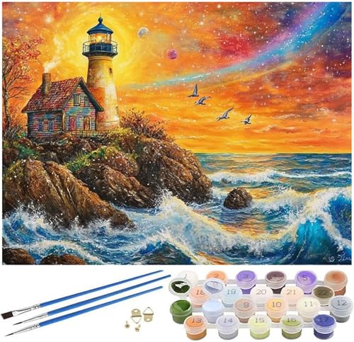 Malen Nach Zahlen Erwachsene Meer Paint by Numbers Leuchtturm Malen Nach Zahlen Kinder, 45x60cm Knitterfreie Leinwand Ölgemälde Set mit Pinsel und Acrylfarbe, Wanddeko, Geschenke für Frauen -334 von Syiboo