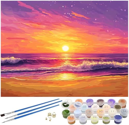 Malen Nach Zahlen Erwachsene Sonnenuntergang Paint by Numbers Strand Malen Nach Zahlen Kinder, 30x40cm Knitterfreie Leinwand Ölgemälde Set mit Pinsel und Acrylfarbe, Wanddeko, Geschenke für Frauen -57 von Syiboo