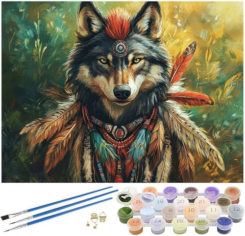 Malen Nach Zahlen Erwachsene Wolf Paint by Numbers Stamm Malen Nach Zahlen Kinder Bastelset, 30x40cm Knitterfreie Leinwand Ölgemälde Set mit Pinsel und Acrylfarbe, Wanddeko, Geschenke für Frauen -300 von Syiboo