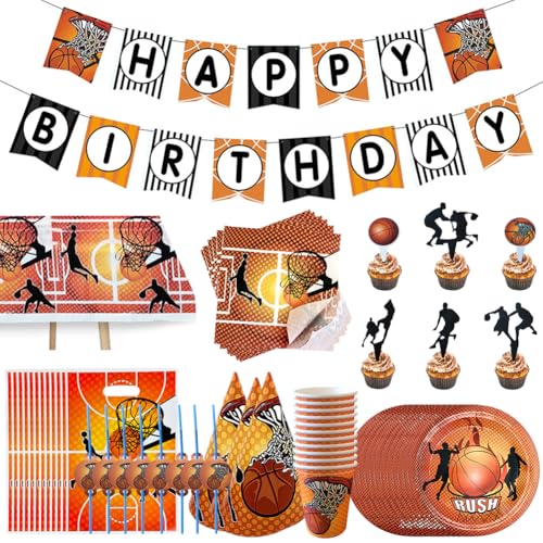 78 Stück Basketball Party Geschirr Sport Thema Wiederverwendbar Strohhalme Partygeschirr Set Banner Becher Teller Servietten Tischdecke Kuchenaufsatz Hüte Tasche Basketball Geburtstag Deko für Kinder von Syijupo