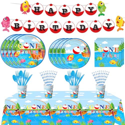 Cartoon Fischerei Papier Partygeschirr,92 Stück Gone fishing Geburtstag geschirr Baby Shower GeburtstagstellerHappy Birthday Banner Tassen Servietten Unterwasser Geburtstag für Kinder Geburtstag Deko von Syijupo