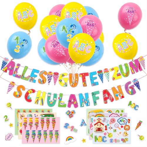 Einschulung Dekoration Einschulung Schulanfang Deko Set Inklusive Girlande Alles Gute Zum Schulanfang Party Dekoration Luftballon Aufkleber Banner Einschulung Partyzubehör für Kinder von Syijupo