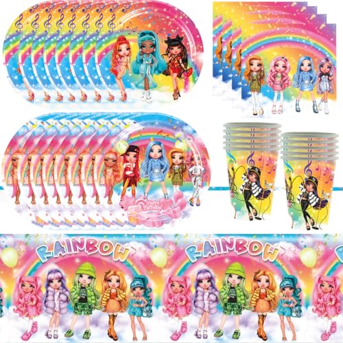 Rainbow Hoch Partygeschirr Set,Rainbow Hoch Schule Pappteller Geburtstag Partygeschirr Geschirr set mit Tischdecke Servietten, Tischdecke,Geschirr Party Supplies Kindergeburtstag Deko 51PCS von Syijupo