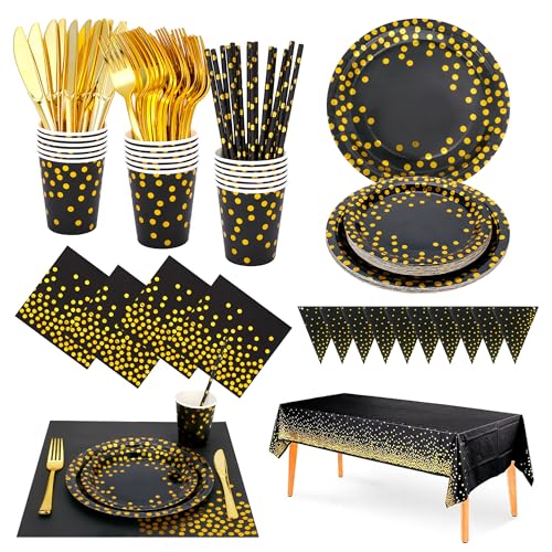 186 Stück Schwarzes-gold Partygeschirr,Partyzubehör Pappteller Set,Wiederverwendbar ​Papier Geschirr Set einschließlich Tischdecke Teller Becher Servietten zum Geburtstag,Hochzeiten,Jubiläums 25 Gäste von Sylken