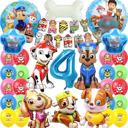 Sylphlikeoniric 32 Stü für Paw Dog Patrol Thema Geburtstag Set,4 Jahre Folienballon Geburtstag Dog,Kindergeburtstag Deko HAPPY BIRTHDAY Banner für Paw Dog Patrol(Dog Party Deko Supplies 4 Jahre) von Sylphlikeoniric