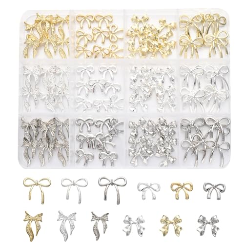 1 Box Gold Silber Schleifen Nagel Charms, 3D Legierung Schleifen Nagelkunst Edelsteine, Metall Glitzersteine Nagel Dekorations Bogenknot Zubehör für Nagel Design DIY Basteln von Symphonyw