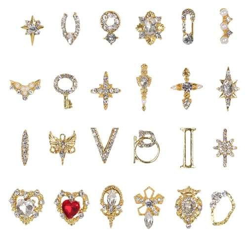 24 Stück Gold Nail Art Charms, Glänzend Metall Nagel Schmuck, Kreuz Herz Edelsteine Nageldesign Nail Art Zubehör für Frauen Nagel Dekoration von Symphonyw