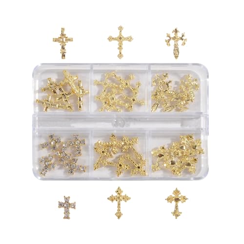 30 Pcs Kreuz Nagel Charms für Nagelkunst, 3D Metall Kristall Kreuz Nagel Dekorationen, Legierung Nagel Nieten und Strasssteine für Frauen Mädchen DIY Schmuck Handwerk Zubehör (Gold) von Symphonyw