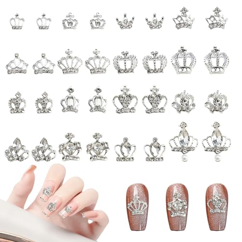 32 Stück Krone Nagel Schmuck, 3D Silber Nagel Charms Strasssteine, Matell Nagel Dekoration für Frauen Mädchen Nageldesign DIY (Silber) von Symphonyw