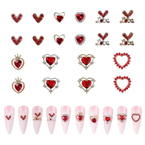 3D Harz Nagel Charms, 20 Stück Matell Herz Nail Art Charms, Flatback Heart Nagel Strasssteine Nagel Schmuck for Frauen Mädchen DIY Maniküre Zubehör (20 Stück Rot Nagel Deko) von Symphonyw