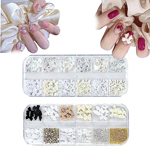 3D Nagel Charms, 2 Boxen Multi-Form Aurora Schleife Schmetterling Blume Nail Art Charms Nagelperlen Strass Kaviar Perlen Kristall Nagel Edelsteine für Nail Art Dekoration DIY Handwerk von Symphonyw