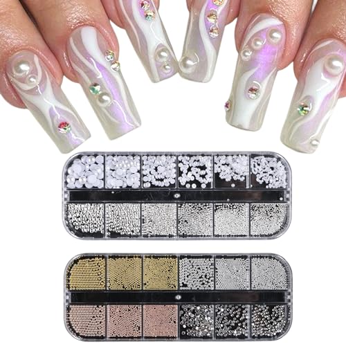 3D Nagel Charms, 2-Boxen Multi-Form Nail Art Charms Nagel Strass Flache Nagel Perlen Gold Silber Kaviar Perlen Kristall Nagel Edelsteine für Nail Art Dekoration DIY Handwerk von Symphonyw