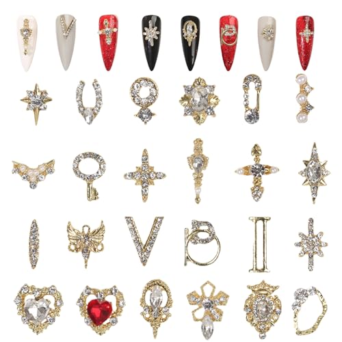 3D Nagel Charms, 24 Stück glänzende Nagel Strasssteine Edelsteine Herz Kreuz Nagel Kunst Charms Gold Metall Nagelschmuck Luxus Kristall Nagel Kunst Dekoration für Nageldesign DIY Handwerk von Symphonyw