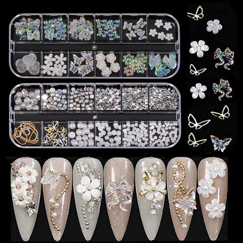 3D-Nagelanhänger, 2 Boxen in verschiedenen Formen Aurora-Schleife Schmetterling Bär Blume Nagelkunst-Anhänger, Nagelperlen Strasssteine Edelsteine Nagelkunst-Ketten für Nagelkunst Dekoration von Symphonyw