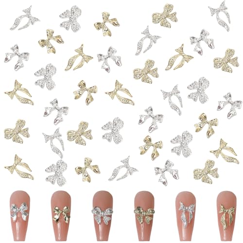 60 Stück Schleifen Nagel Charms, Gold Silber Legierung Nail Studs Nageldesign, Bogenknot Nägel Edelsteine Glitzersteine DIY Nageldekorations Zubehör (60 Stück Schleifen Nagel Charms) von Symphonyw