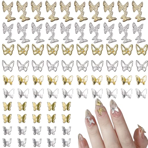 80 Stück Nail Charms Schmetterling, Gold Sliber Legierung Nagel Steine, 3D Metall Schmetterlings Nagelkunst Dekorations für Nägel DIY Handyhülle Dekoration von Symphonyw