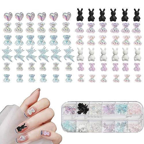 Bear Nail Charms, 72 Stück Aurora Teddy Bear Nail Art Charms Cute 3D Heart Deer Rabbit Bowknot Nail Rhinestone Gems Nail Art Decorations Accessories von Symphonyw