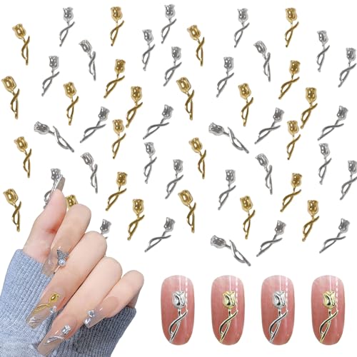 Blumen Nagel Charms, 60 Stück Gold Silber Rosa Nagelschmuck, Legierung Nagelkunst Charms für Nail Art Zubehör Nagel Dekoration DIY Craft von Symphonyw