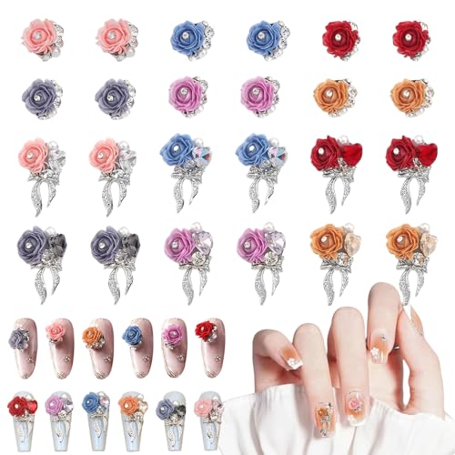 Blumen Nail Decorations, 24 Stück 3D Legierung Schleifen Silber Nagel Schmuck, Nagel Strasssteine Nagel Charms DIY Nail Art Zubehör Frauen Nägel Deko von Symphonyw