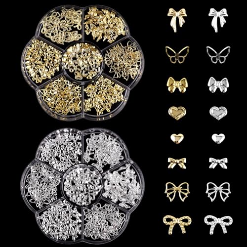 Gold Silber Nagel Dekorations, 2 Boxen Herz Schleifen Schmetterling Nägel Edelsteine, 3D Legierung Nail Art Charms Metall Bogen Nagelkunst Schmuck Deko für DIY Nageldesign Zubehör von Symphonyw