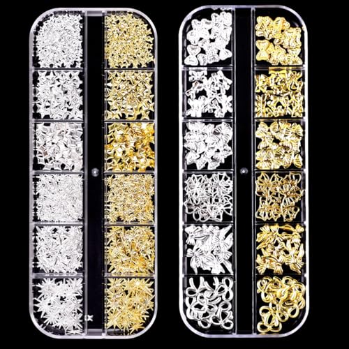 Gold Silber Stern Schleifen Nail Charms, 2 Boxen Metall Nagelkunst Dekorations, Legierung Glitzersteine Nagel Edelsteine Deko für Nageldesign Zubehör (Gold+ Silber B) von Symphonyw