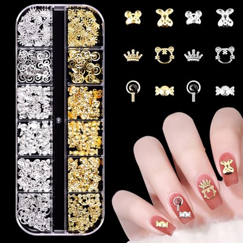 Metall Nail Charms, 1 Boxen Gold Silber Krone Süßigkeiten Nagelschmuck Dekorations, Glänzende Glitzersteine Nagel Edelsteine Deko für Nageldesign Zubehör (Gold+Silber E) von Symphonyw