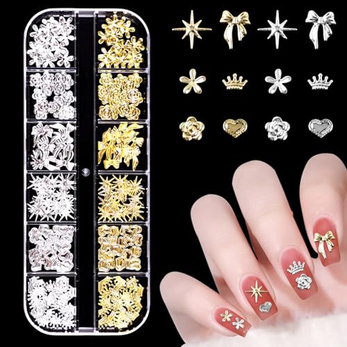 Metall Nail Charms, 1 Boxen Gold Silber Krone Süßigkeiten Nagelschmuck Dekorations, Glänzende Glitzersteine Nagel Edelsteine Deko für Nageldesign Zubehör (Gold+Silber F) von Symphonyw