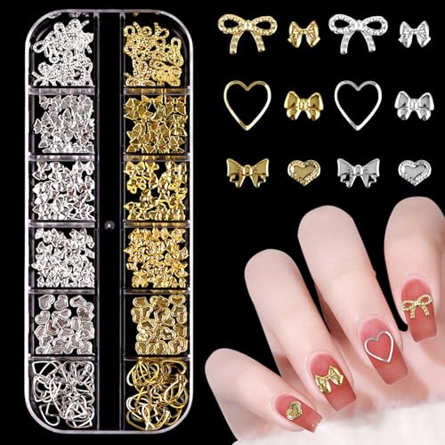 Metall Nail Charms, 1 Boxen Gold Silber Schleifen Nagelkunst Dekorations, Legierung Glitzersteine Nagel Edelsteine Deko für Nageldesign Zubehör (Gold+Silber A) von Symphonyw