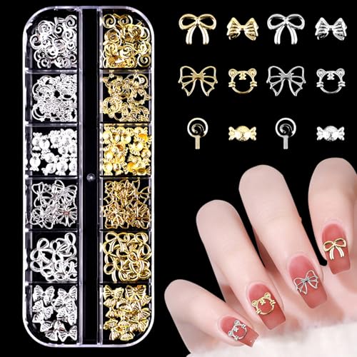 Metall Nail Charms, 1 Boxen Gold Silber Schleifen Nagelkunst Dekorations, Legierung Glitzersteine Nagel Edelsteine Deko für Nageldesign Zubehör (Gold+Silber B) von Symphonyw