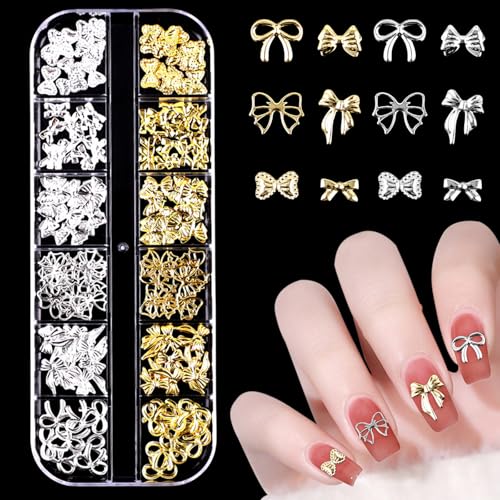 Metall Nail Charms, 1 Boxen Gold Silber Schleifen Nagelkunst Dekorations, Legierung Glitzersteine Nagel Edelsteine Deko für Nageldesign Zubehör (Gold+Silber C) von Symphonyw