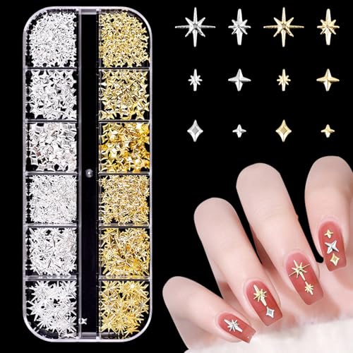 Metall Nail Charms, 1 Boxen Gold Silber Stern Nagelkunst Dekorations, Glänzende Glitzersteine Nagel Edelsteine Deko für Nageldesign Zubehör (Gold+Silber D) von Symphonyw